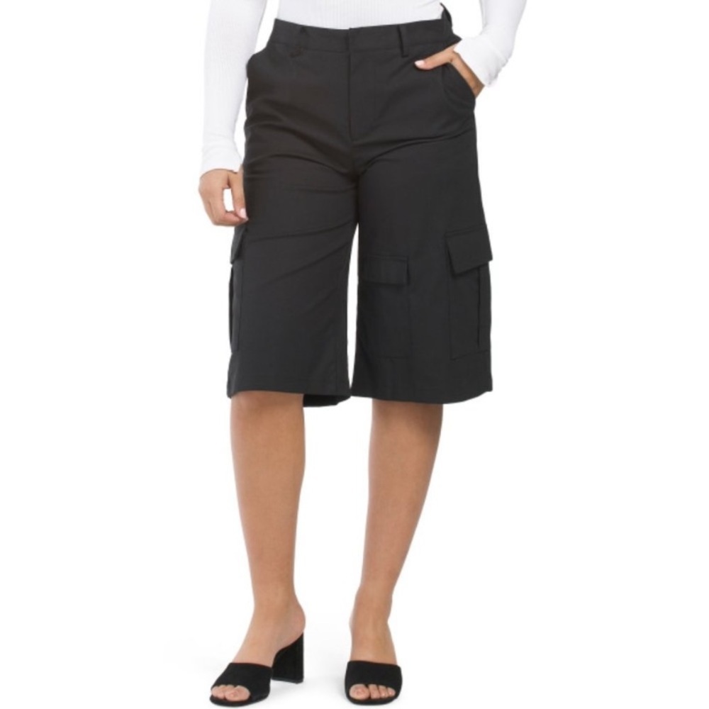 NWT Reveriee Linen Blend Cargo Shorts Long Black Designer Modern Retro Bermuda
